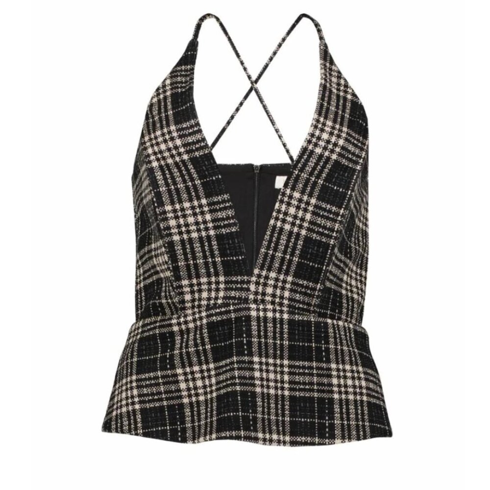 Bishop + Young Plaid Tweed Halter Peplum Top Dark Academia Size S